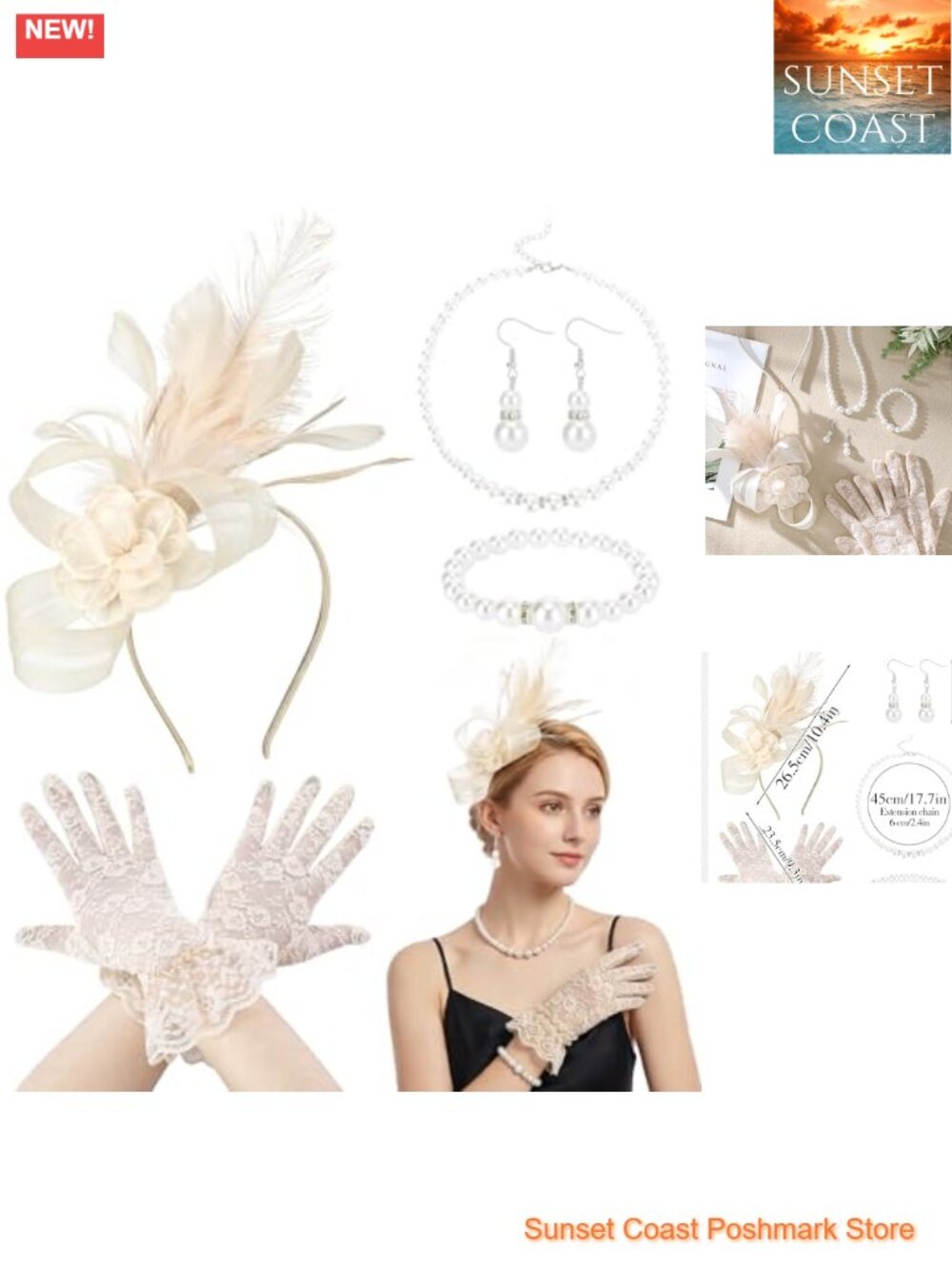 5 Pc Feather Fascinator Tea Party Set Lace Gloves Pearl Necklace Gift Women